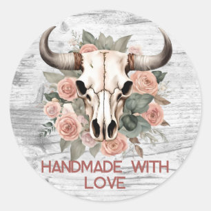 Handmade With Love Rustic Floral Bull Horns Wood Classic Round Sticker