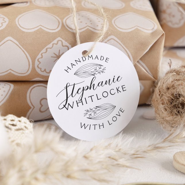 Handmade With Love | Rustic Sketch Leaves & Script Self-inking Stamp (Gift package with custom product tag, stamped with this design.)