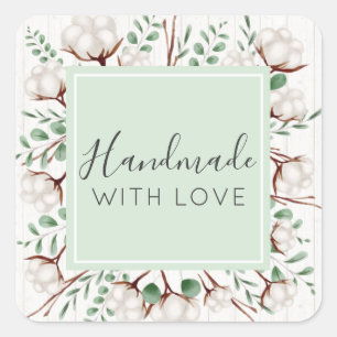 Handmade With Love Rustic Southern Cotton Flowers Square Sticker