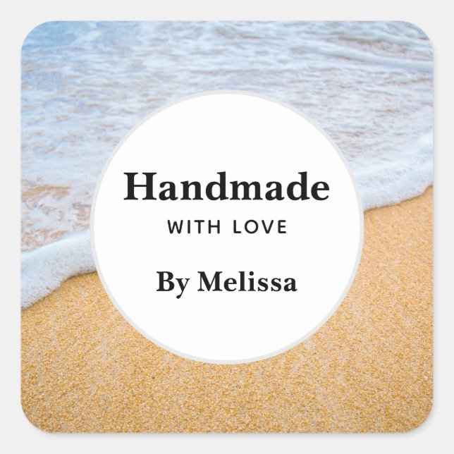 Handmade with Love Sandy Beach with Foamy Surf Square Sticker (Front)
