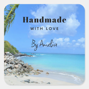 Handmade with Love Scenic Turquoise Tropical Beach Square Sticker