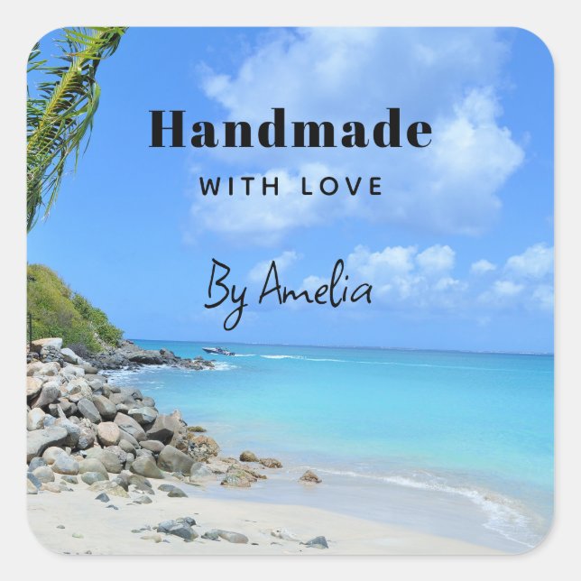 Handmade with Love Scenic Turquoise Tropical Beach Square Sticker (Front)