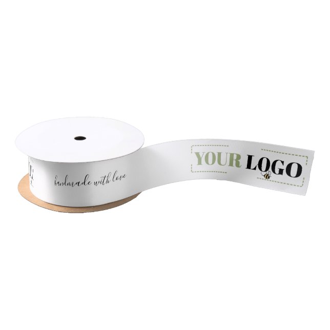 Handmade with Love Script Your Business Logo White Satin Ribbon (Spool)