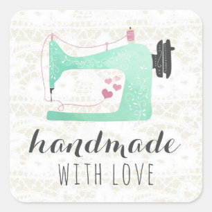Handmade With Love Sewing Machine on Lace & Burlap Square Sticker