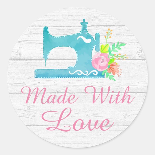 Handmade With Love Sewing Machine Rustic Wood Classic Round Sticker (Front)