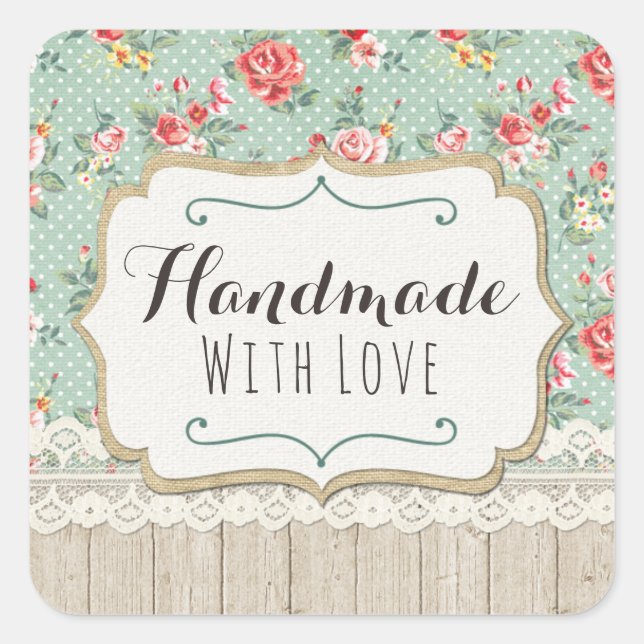 Handmade With Love Shabby Chic Roses Lace & Burlap Square Sticker (Front)