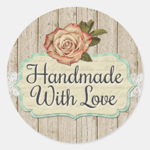 Handmade With Love Shabby Chic Roses & Wood Classic Round Sticker