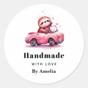 handmade with Love Sloth in a Pink Convertible Classic Round Sticker