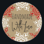 Handmade with Love Snowflake Christmas Craft Classic Round Sticker<br><div class="desc">Brown craft paper background print pattern with red and white snowflake shapes around the border of this fun crafty card. Modern and unique Personalised gift tag label sticker. Add your custom text. The look of brown paper bag sack type recycled-looking textured print is modern and fun!</div>