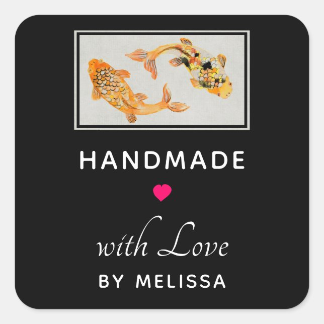 Handmade with Love Stylish Gold Koi Fish Square Sticker (Front)
