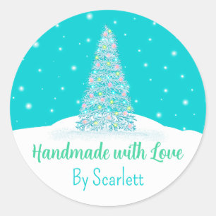 Handmade With Love Teal Aqua Christmas Tree Classic Round Sticker