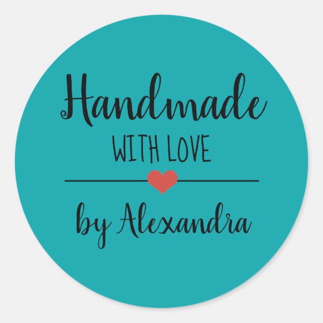 Handmade with love teal script classic round sticker (Front)