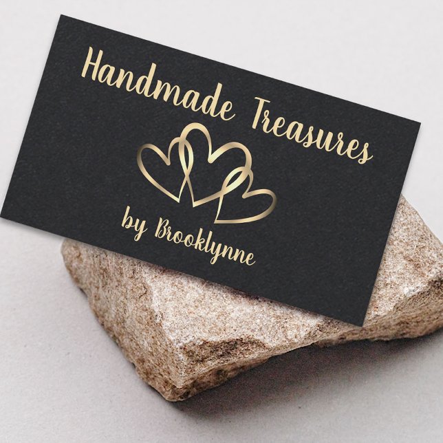 Handmade with Love Template Stylish 3 Gold Hearts  Business Card (Creator Uploaded)