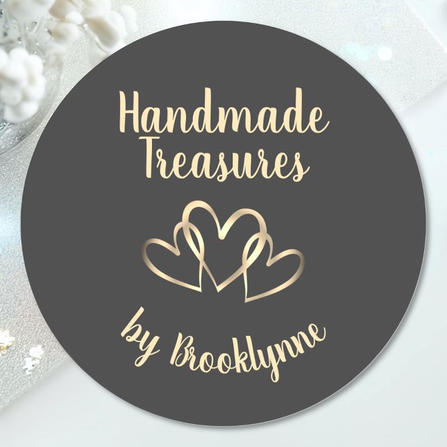 Handmade with Love Template Stylish 3 Gold Hearts  Classic Round Sticker (Creator Uploaded)