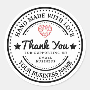 Handmade with love   thank you   black and white  classic round sticker