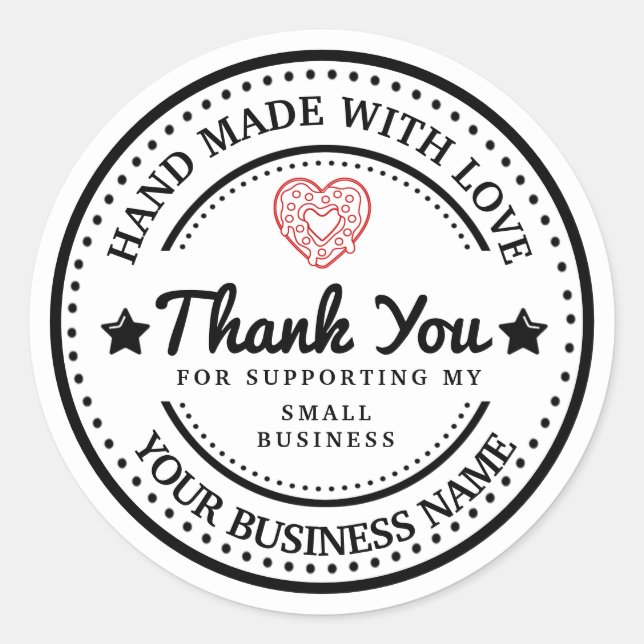 Handmade with love | thank you | black and white  classic round sticker (Front)