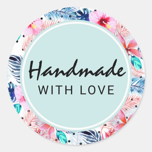 Handmade With Love Tropical Hawaiian Hibiscus Classic Round Sticker (Front)
