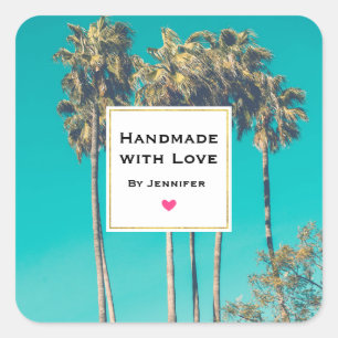 Handmade with Love Tropical Palm Trees Retro Square Sticker