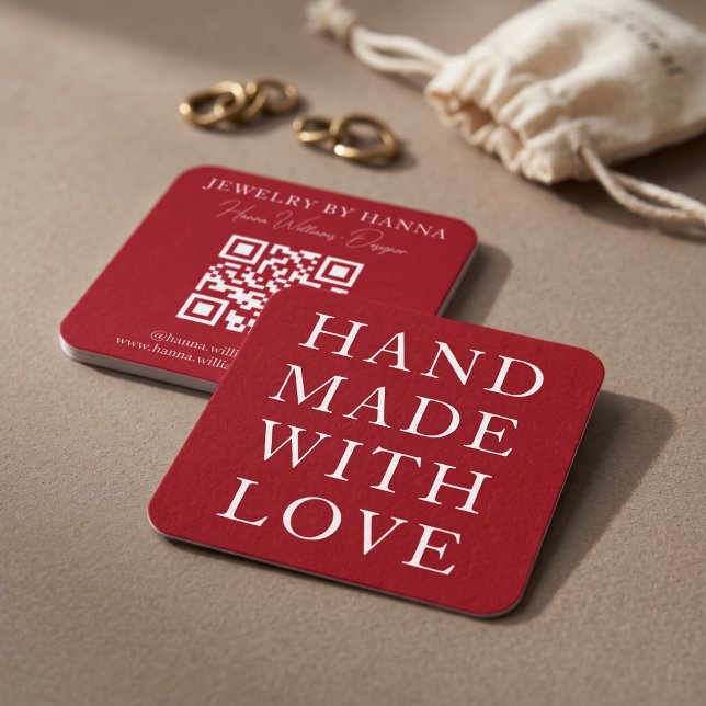Handmade with Love Typography Design Square Business Card (Simulated business cards on table)