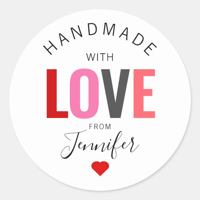 Handmade With Love Valentines Day Red Heart Name Classic Round Sticker (Front)