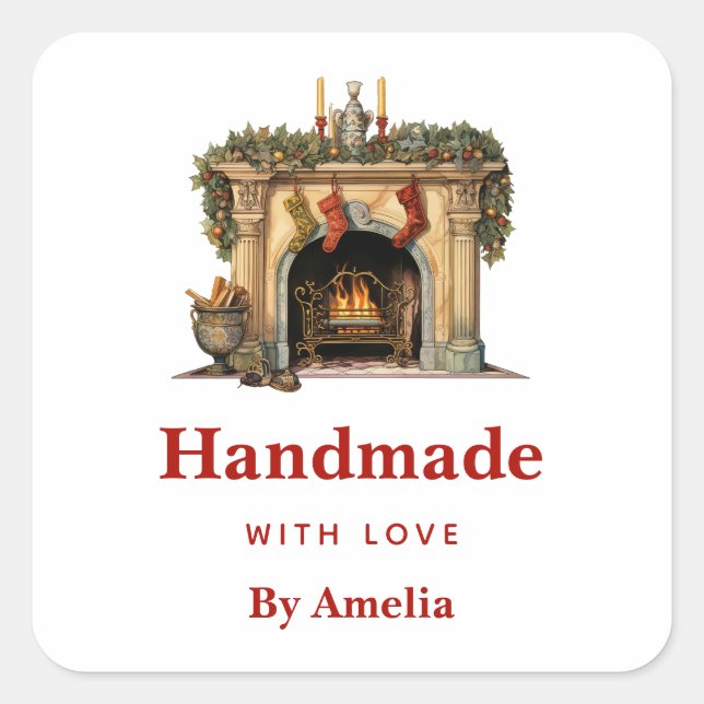 Handmade with Love Victorian Fireplace Christmas Square Sticker (Front)