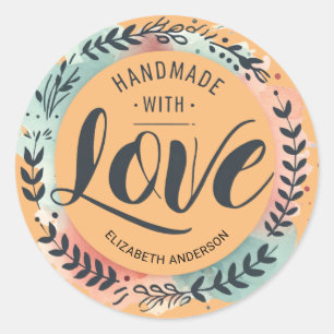 Handmade with Love Watercolor Wreath Brush Script Classic Round Sticker