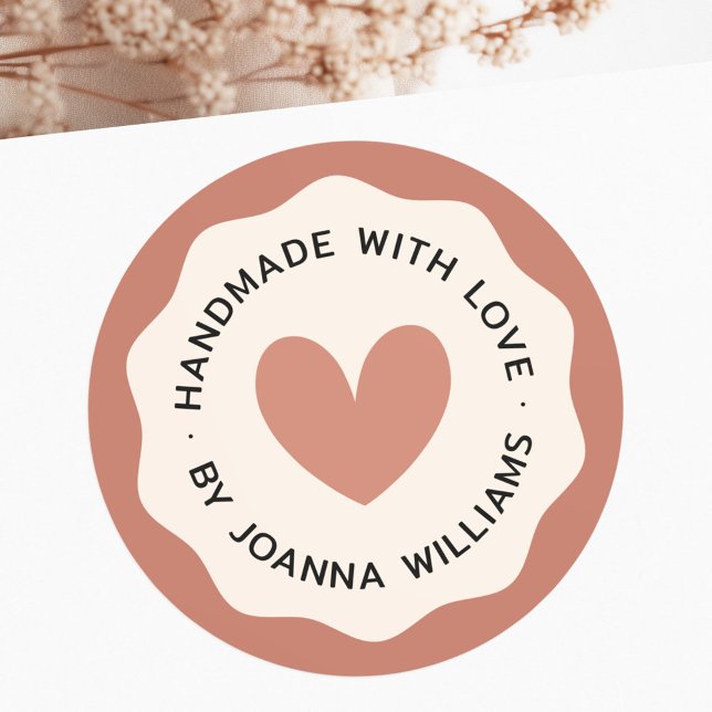 Handmade with love wavy border terracotta cream classic round sticker (Handmade with love wavy border terracotta cream classic round sticker)