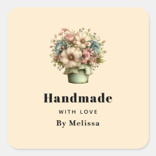 Handmade with Love Whimsical Flowers in a Planter Square Sticker