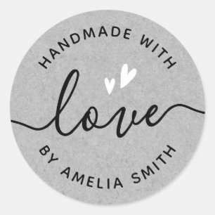 Handmade with love white hearts name grey paper classic round sticker