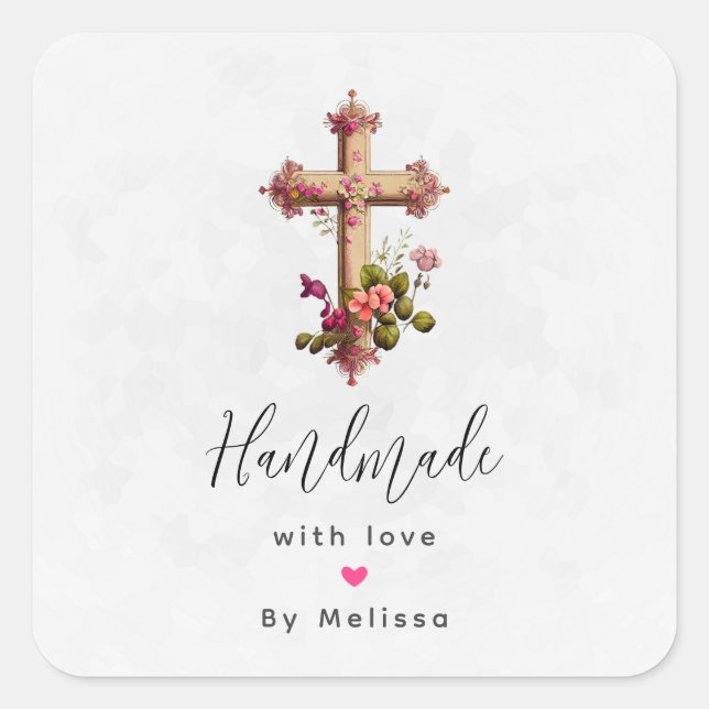 Handmade with Love Wooden Cross with Flowers Square Sticker (Front)