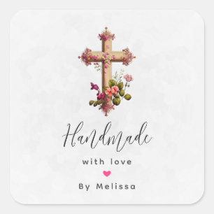 Handmade with Love Wooden Cross with Flowers Square Sticker