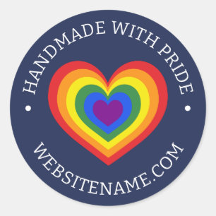 Handmade With Pride LGBTQ Rainbow Heart URL Navy Classic Round Sticker