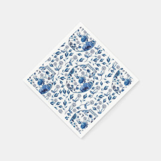 Handpainted Blue & White Chinoiserie Floral Style Napkin