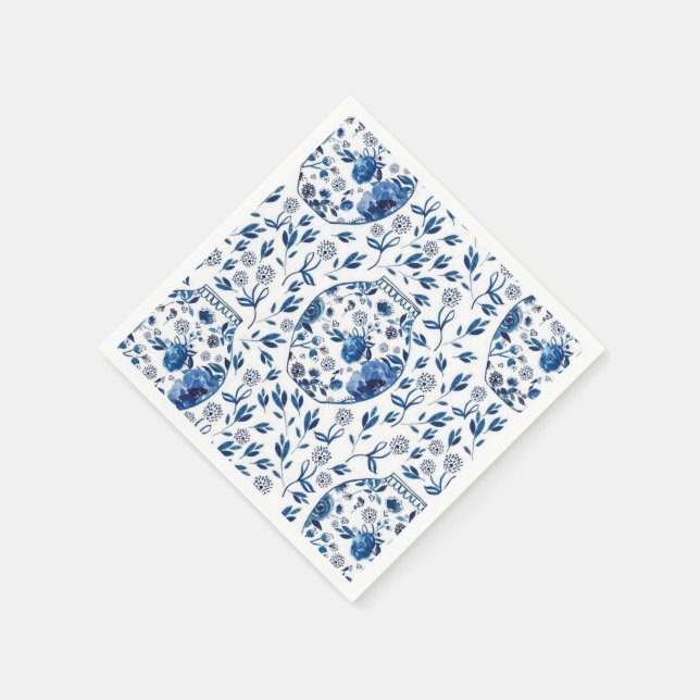 Handpainted Blue & White Chinoiserie Floral Style Napkin (Corner)