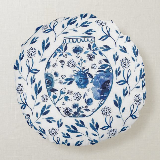 Handpainted Blue & White Chinoiserie Floral Style Round Cushion (Back)