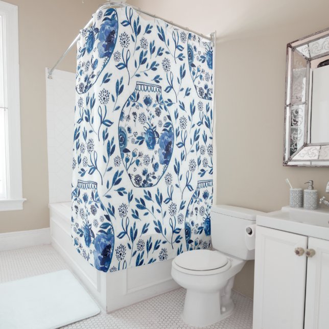 Handpainted Blue & White Chinoiserie Floral Style Shower Curtain (In Situ)
