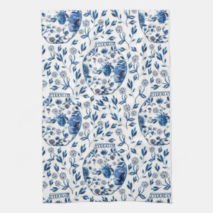 Handpainted Blue & White Chinoiserie Floral Style Tea Towel