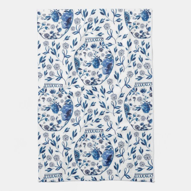Handpainted Blue & White Chinoiserie Floral Style Tea Towel (Vertical)