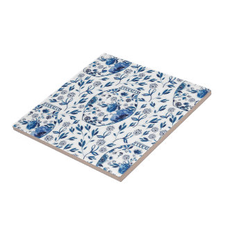 Handpainted Blue & White Chinoiserie Floral Style Tile