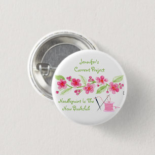 Handpainted Cherry Blossom Needlepoint  3 Cm Round Badge