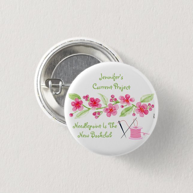 Handpainted Cherry Blossom Needlepoint  3 Cm Round Badge (Front & Back)