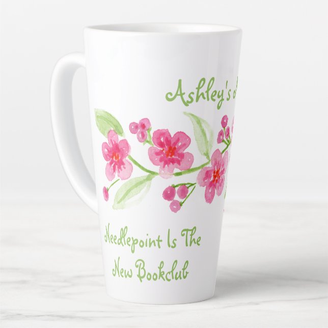 Handpainted Cherry Blossom Needlepoint Latte Mug (Left Angle)