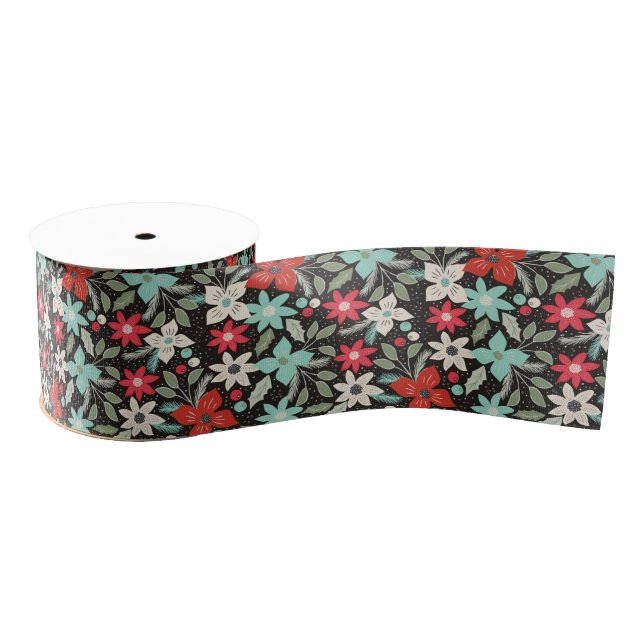 Handpainted Christmas Poinsettia Red White Aqua Grosgrain Ribbon (Spool)