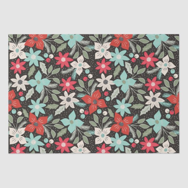 Handpainted Christmas Poinsettia Red White Aqua Tissue Paper (Front)