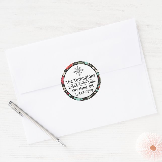 Handpainted Christmas Poinsettia Return Address Classic Round Sticker (Envelope)