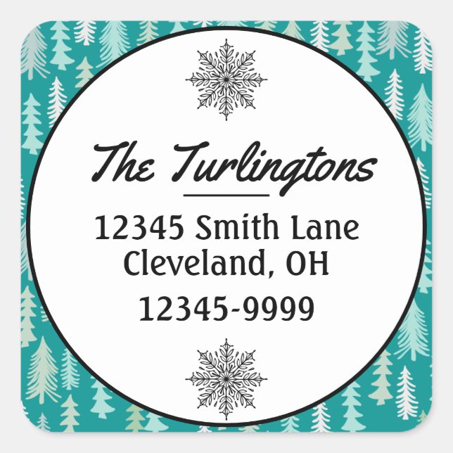 Handpainted Christmas Trees Aqua Return Address Square Sticker (Front)