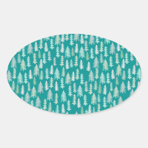 Handpainted Christmas Trees Aqua White Blue Teal Oval Sticker