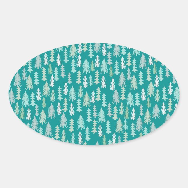 Handpainted Christmas Trees Aqua White Blue Teal Oval Sticker (Front)