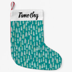 Handpainted Christmas Trees Aqua White Blue Teal Small Christmas Stocking