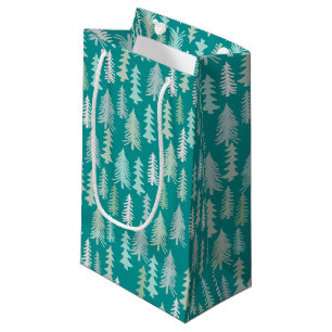 Handpainted Christmas Trees Aqua White Blue Teal Small Gift Bag